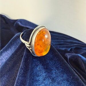 Vintage Amber Cabochon Ring Size 8.25 Silver Artisan Setting